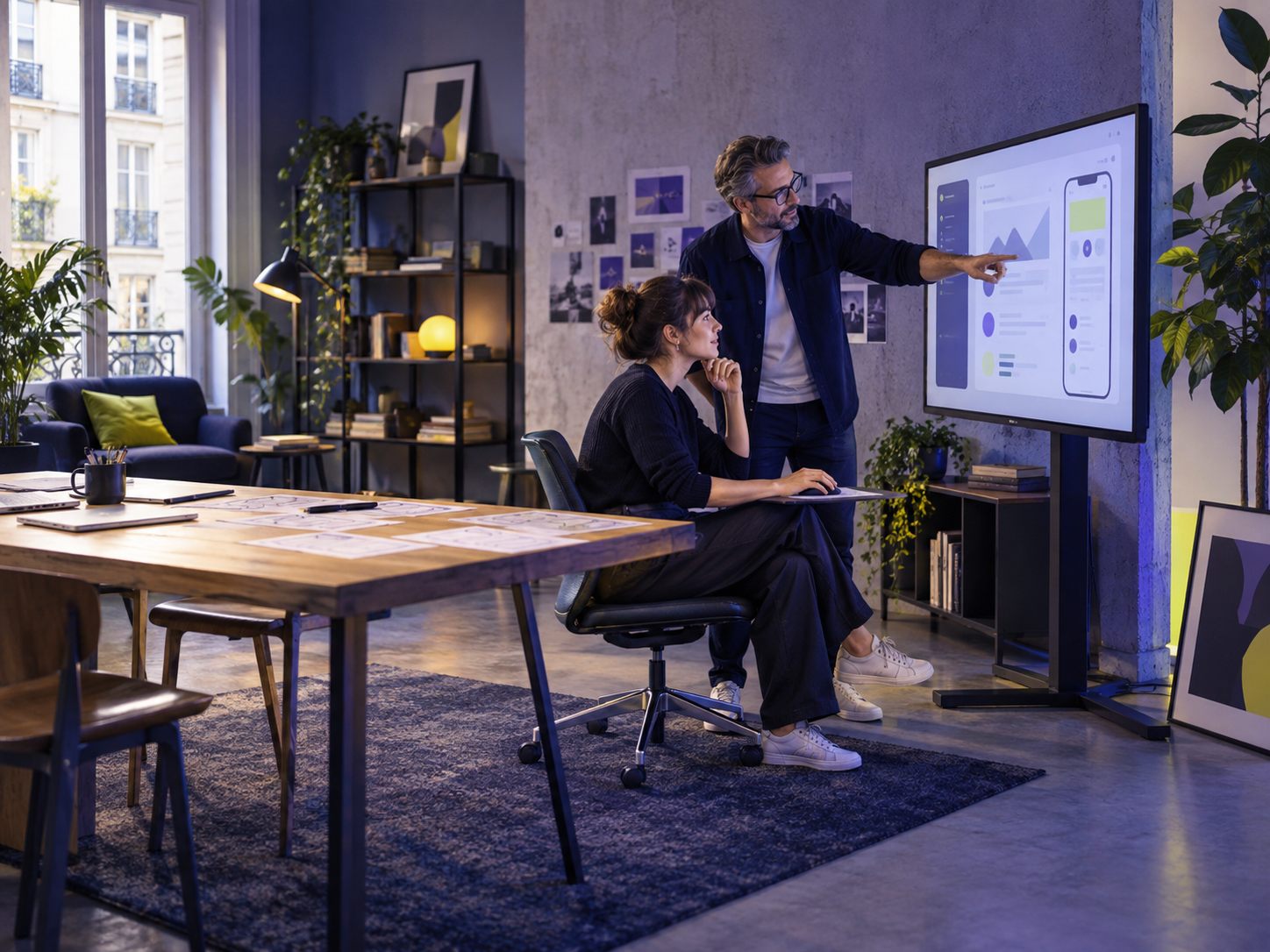Une équipe teste une interface de service numérique sur un écran