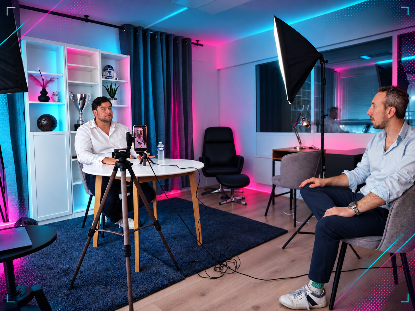 Tournage dans le studio vidéo Idée Ad à Nancy, habillé aux couleurs de l’agence